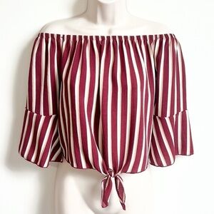🆕 Charlotte Russe off shoulder bell sleeve tie front striped crop top small